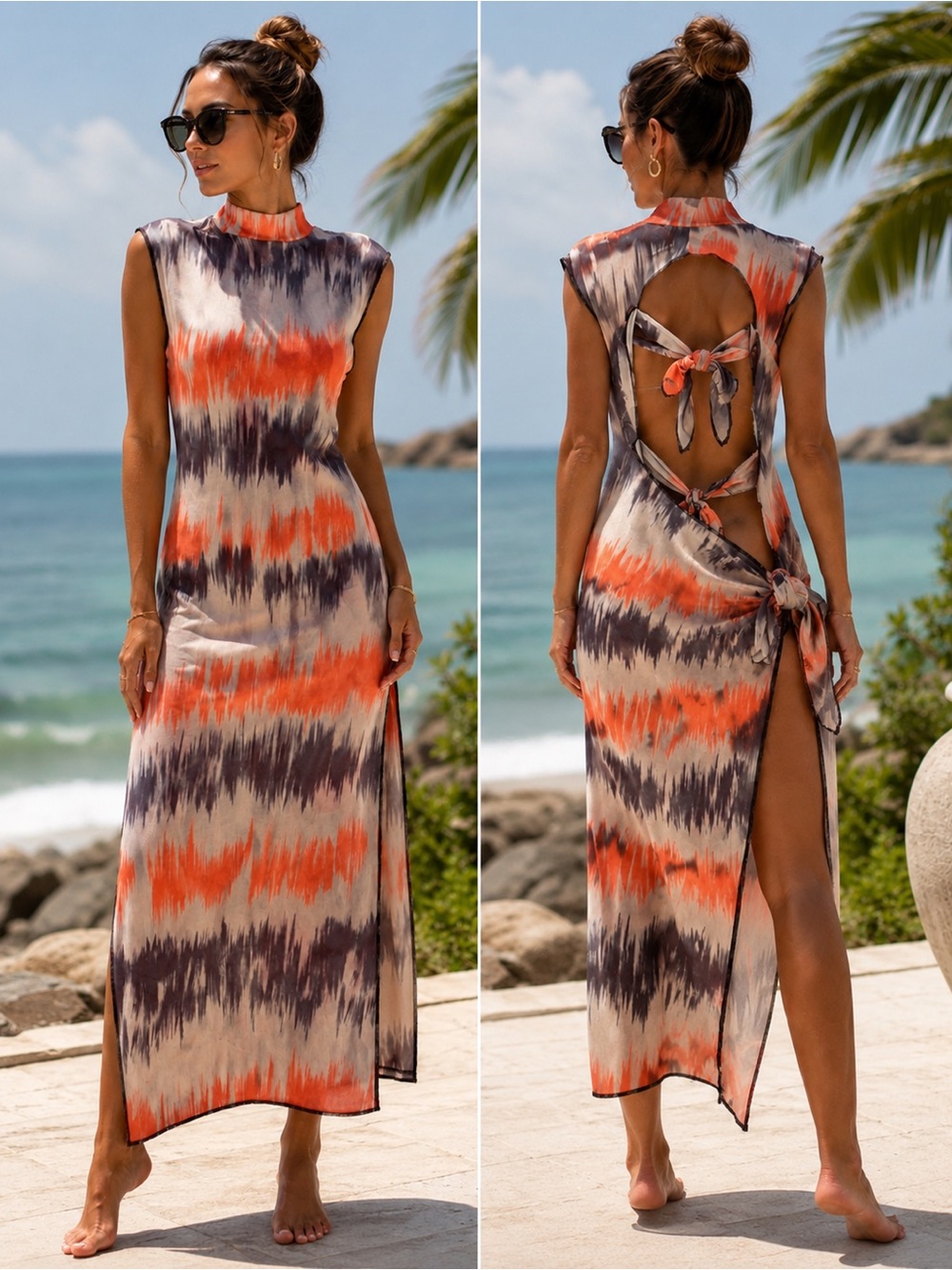 Tie Back Beach Cover Up Maxi Dress Open Back Resort Swim Cover-Up size S
